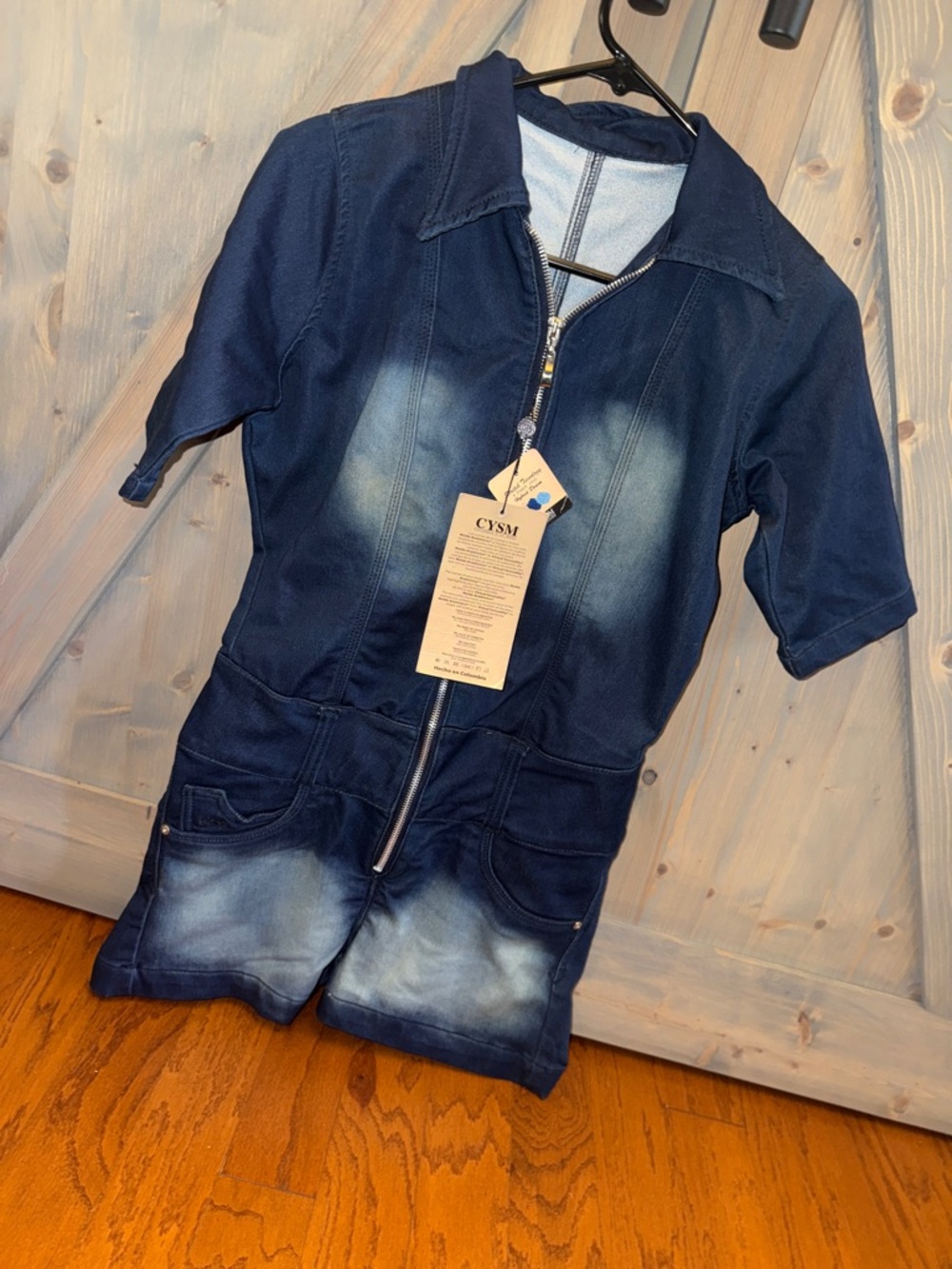 Short-Sleeve Denim Romper in Washed Navy